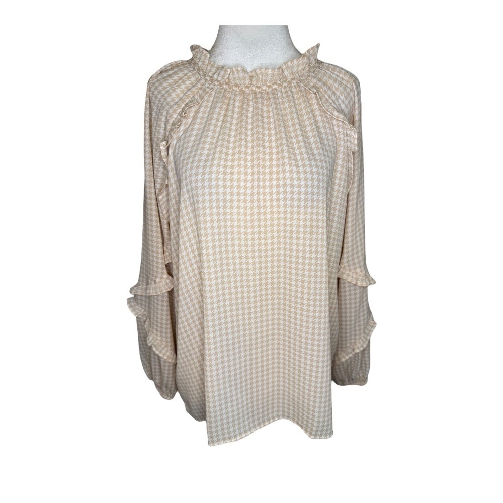 Loft Outlet Houndstooth Blouse Ruffle‎ Neck Long Sleeve Top Size Small